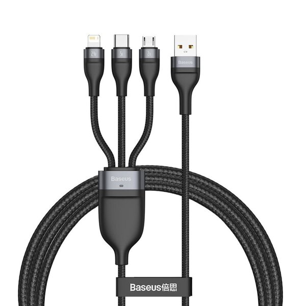 Baseus 3in1 USB - Lightning / USB Typ C / micro USB data charging cable 1,2 m 5 A 480 Mbps 40 W black and gray (CA1T3-G1) cena un informācija | Savienotājkabeļi | 220.lv