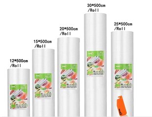 Pārtikas vakuuma maisiņi, 5 izmēru ruļļu komplekts (12 + 15 + 20 + 25 + 30 cm * 500 cm / rullis) cena un informācija | Vakuuma iepakotāji | 220.lv