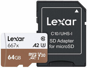 Lexar memory card microSDXC 64GB Pro 667X U3 V30 + adapter cena un informācija | Atmiņas kartes mobilajiem telefoniem | 220.lv