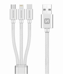 Swissten Textile Universal 3in1 USB-C / Lightning Data MFI / MircoUSB kabelis 1,2 m Sudraba cena un informācija | Kabeļi un vadi | 220.lv