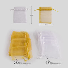 VILSTO organzas dāvanu maisiņi, 7x9 cm, iepakojumā 50 gb – 25 gb baltā krāsas un 25 gb zelta krāsā cena un informācija | Dāvanu saiņošanas materiāli | 220.lv