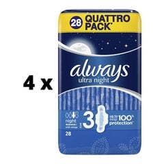 Higiēnas iepakojumi ALWAYS Ultra Night Quattro, 28 gab. x 4 gab. iepakojums cena un informācija | Tamponi, higiēniskās paketes, ieliktnīši | 220.lv