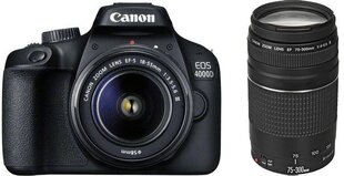 Canon EOS 4000D 18-55 mm III + 75-300 mm III komplekts cena un informācija | Digitālās fotokameras | 220.lv