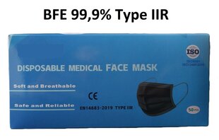 Medicīniskās vienreizlietojamās sejas maskas melnas BFE 99.9% IIR, 50 gab. cena un informācija | Pirmā palīdzība | 220.lv